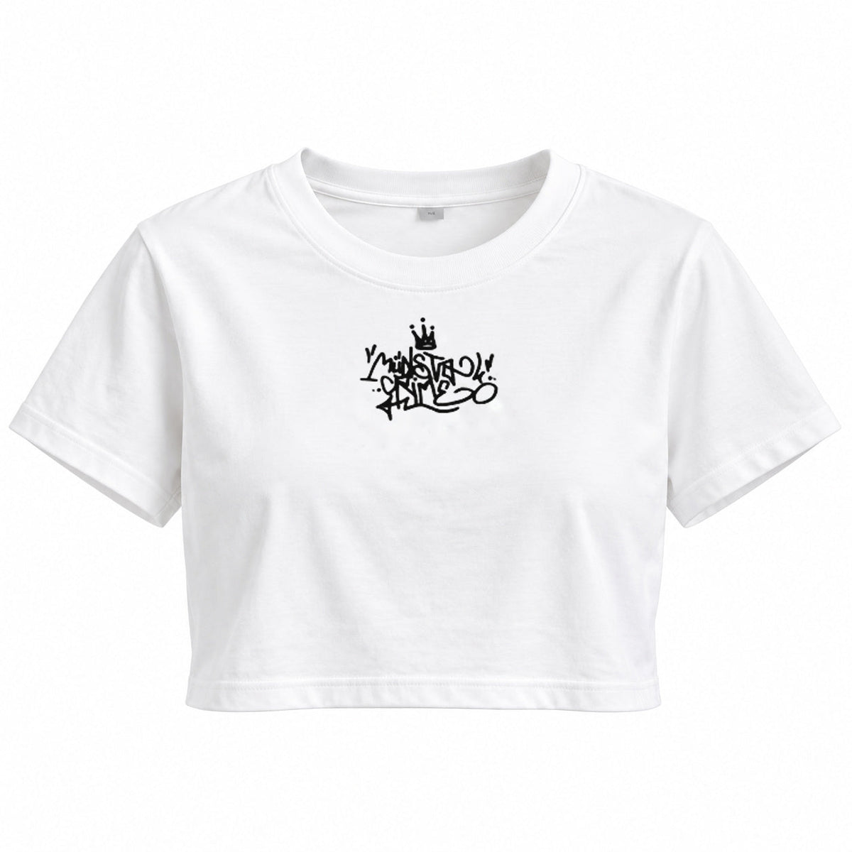 Weißes Münster Crime Crop Top BY042 mit höher gesetztem schwarzen Original-Graffiti-Brustdruck